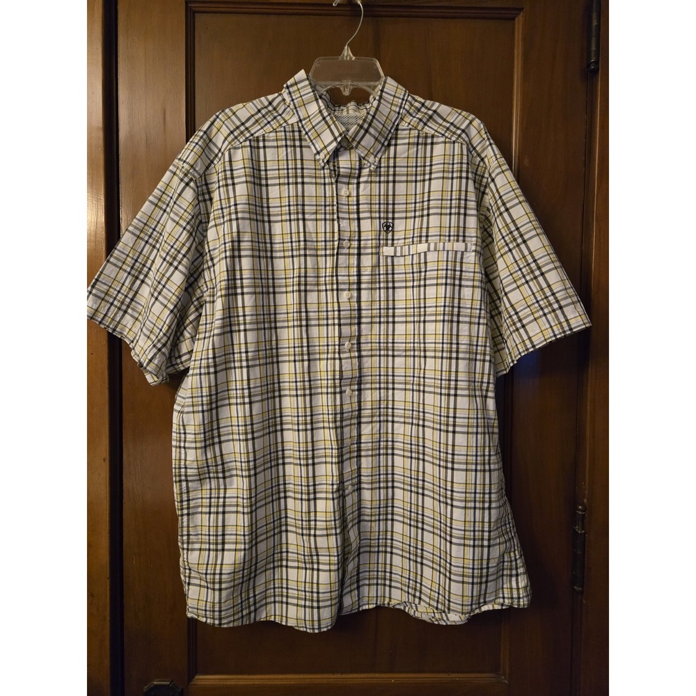 Ariat Pro Series Shirt Men's Size XXL Short Sleeve Yellow Plaid Casual Rodeo EUC